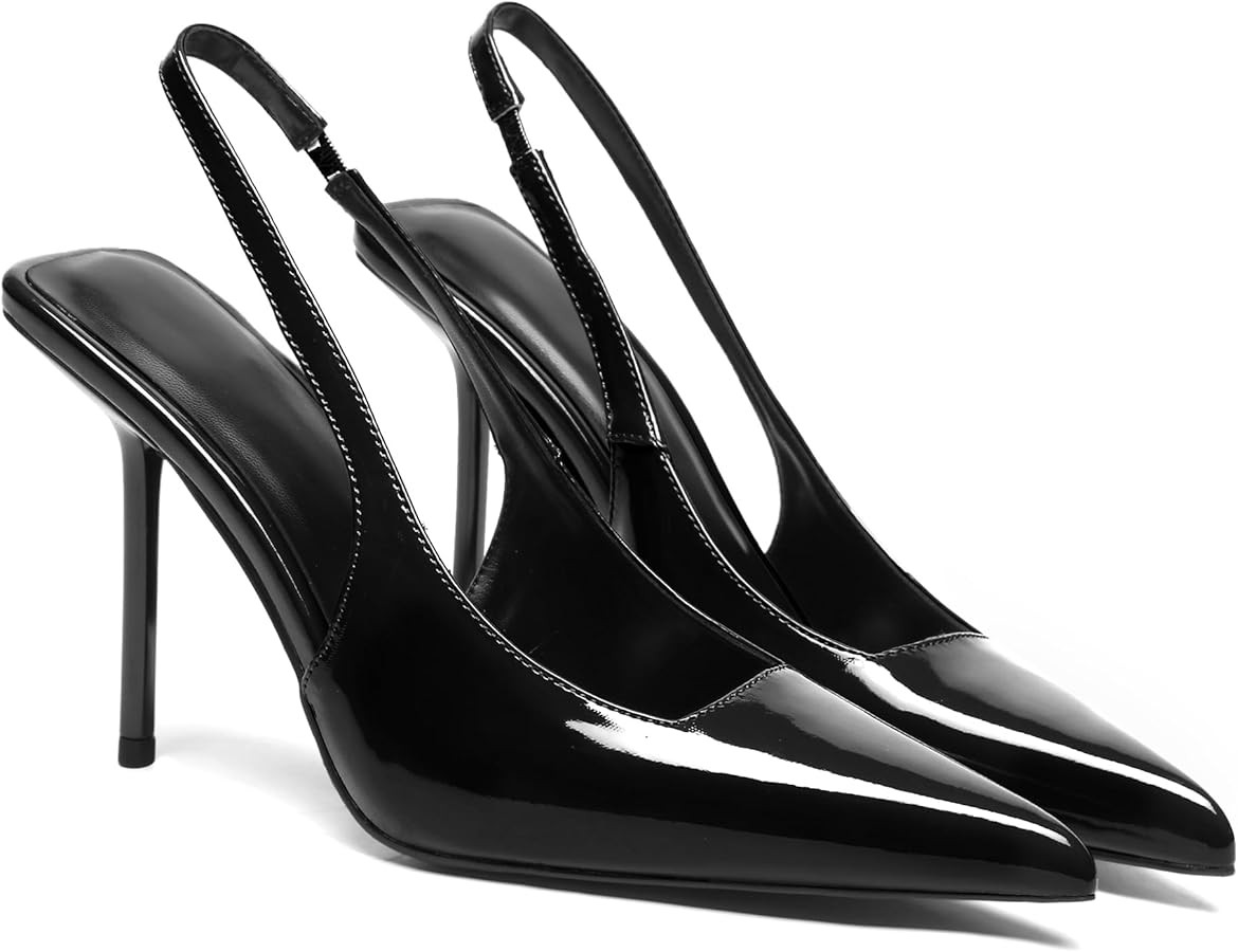 Women's Slingback Stiletto High Heels Pointed Toe Slip On Pumps Shoes Patent Leather Stretch Stra... | Amazon (US)
