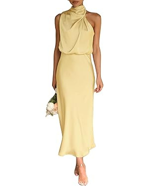 Women's 2025 Summer Satin Dress Elegant Formal Sleeveless Mock Neck Wedding Guest Cocktail Party ... | Amazon (US)