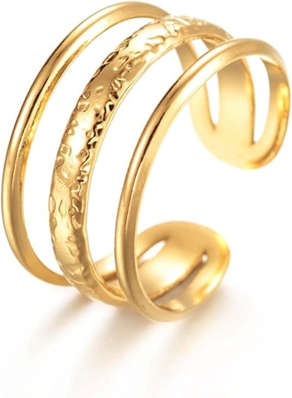 WILD SUN® Breiter Ring Gold Damen | Damenring Mehrreihig Breit Verstellbar I Wickelring Dreifac... | Amazon (DE)
