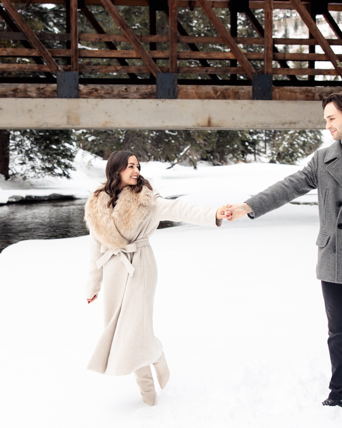 Winter engagement photos, winter bride outfit ideas, cream long coat and knee high boots 

#LTKWedding