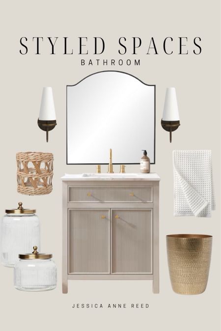 Im loving the fluted detailing on the vanity, so pretty! 

Bathroom accessories, bathroom vanity, greige vanity, fluted vanity, bronze sconce, bathroom mirror
Lowes home improvement