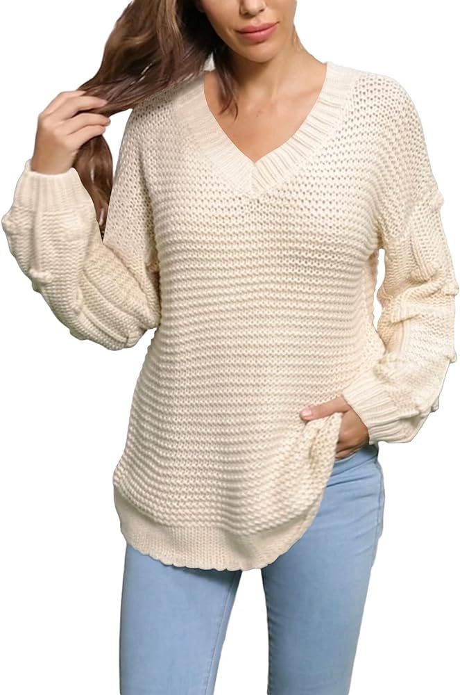 Meenew Women's Drop Shoulder Chunky Sweater Deep V Neck Knitted Pullover Tops L Light Blue at Ama... | Amazon (US)