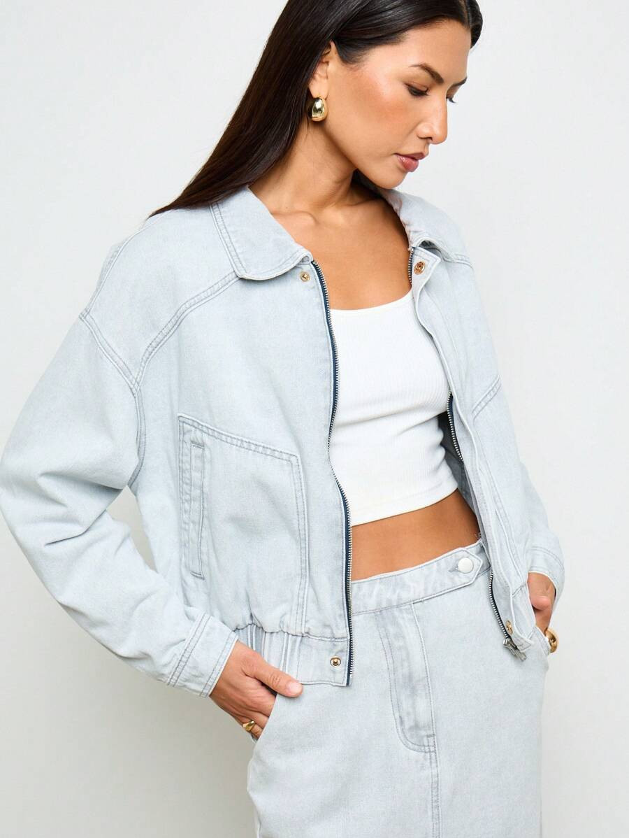 AiiRZ Premium Oversized Denim Bomber Jacket Zip Front Spring Fall Fashion Statement Piece Casual ... | SHEIN