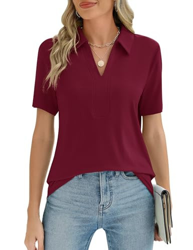 ZHENWEI Womens Burgundy Polo Shirt Short Sleeve Work Blouse Fashion Lapel Tops Casual Collared Tunic T-Shirts,Burgundy,S | Amazon (US)