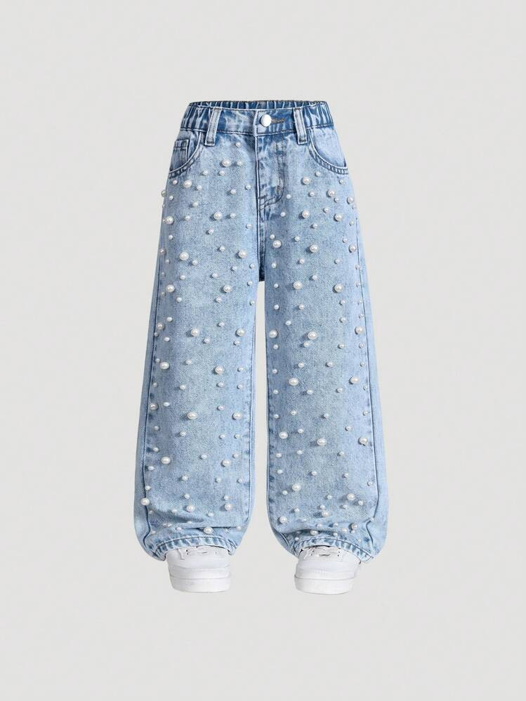 SHEIN Young Girl Faux Pearl Embellished Straight Leg Jeans, European And American Fashion Style | SHEIN