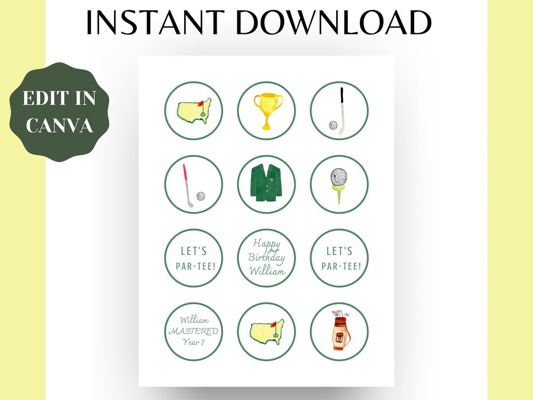 Editable Masters Party Cupcake Toppers Template Digital Download Augusta, Golf, Gingham - Etsy | Etsy (US)