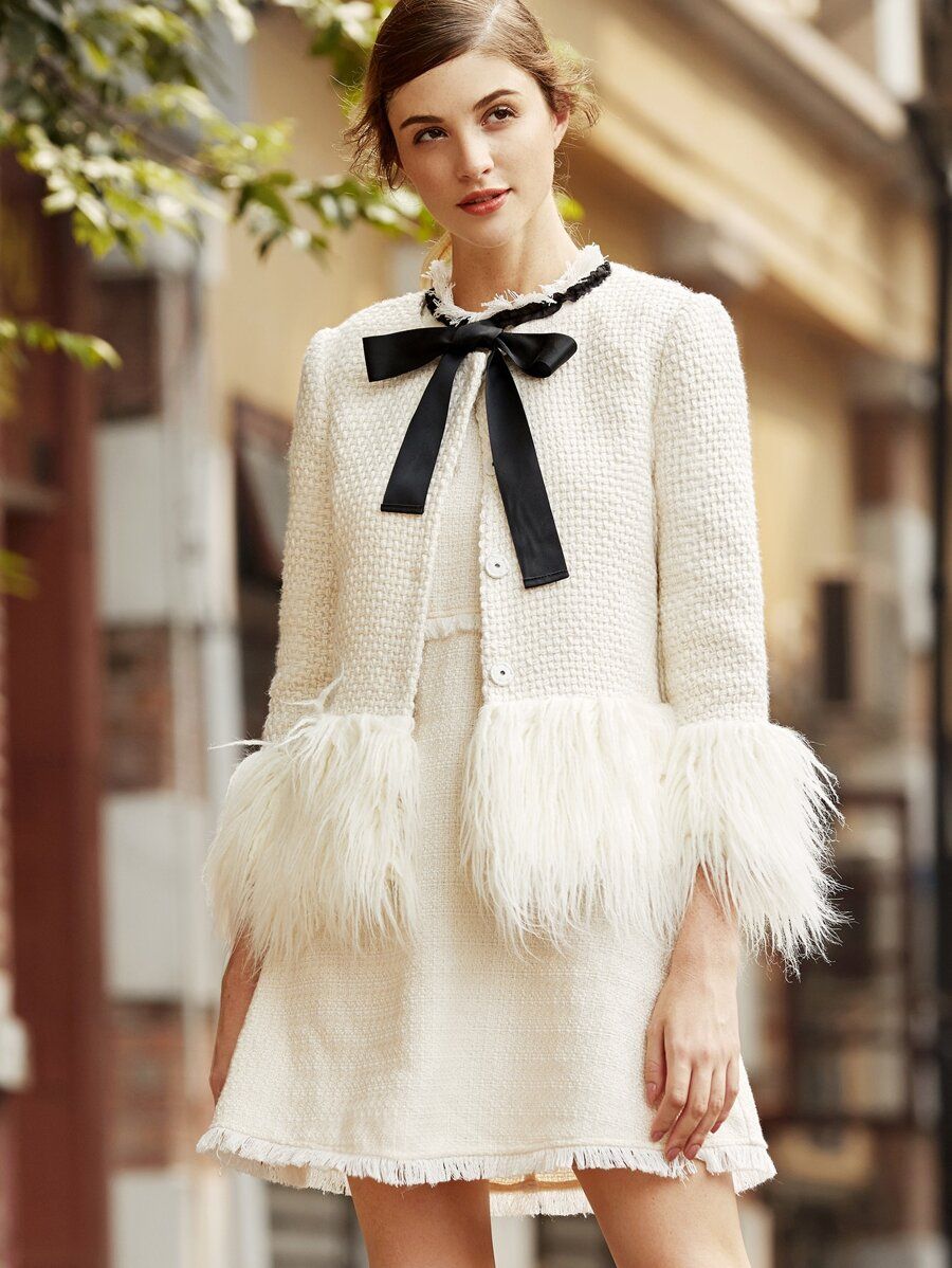 White Faux Fur Trim Tweed Blazer | SHEIN