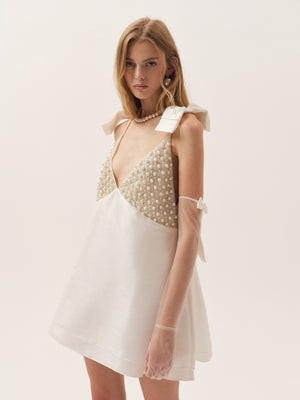 Pearly Bow Mini Dress — White | For Love & Lemons