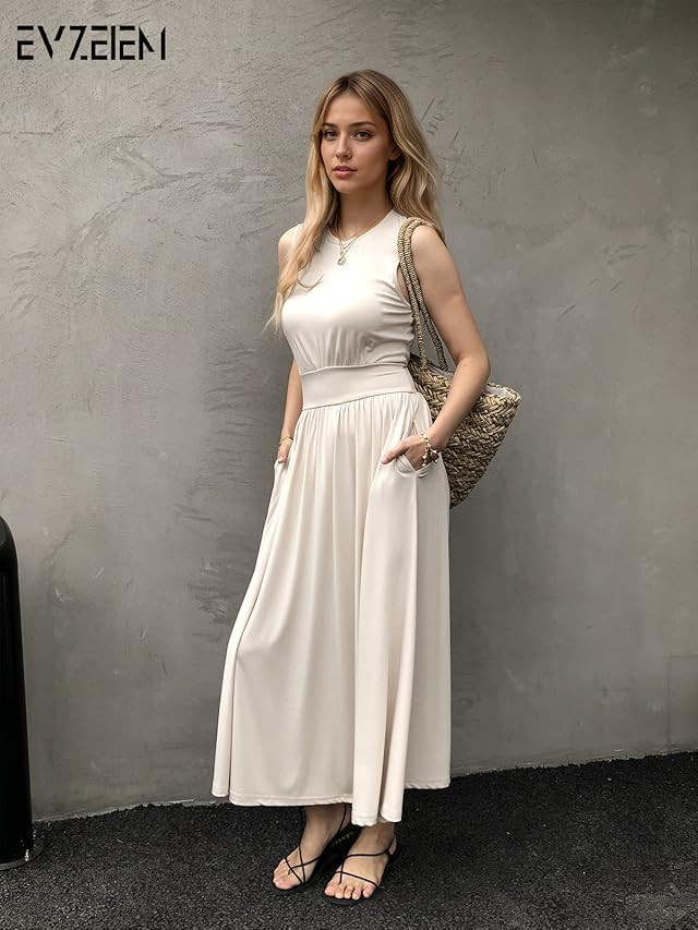 Women's Sleeveless Summer Maxi Dress Crewneck Casual Swing Pleated Long Dresses with Pockets | Amazon (US)