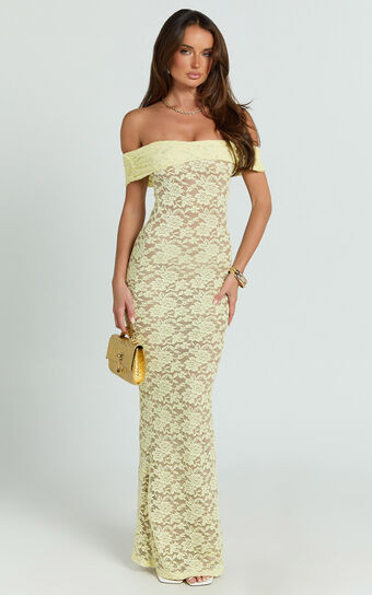 Nalani Maxi Dress - Lace Off Shoulder Column Bodycon Dress in Lemon | Showpo (ANZ)