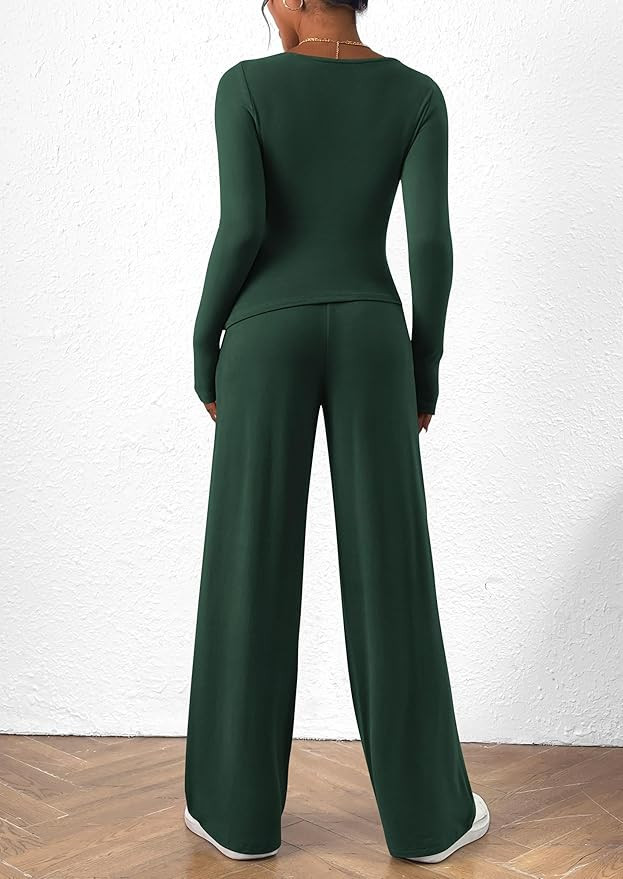 PRETTYGARDEN Women's 2 Piece Lounge Sets Asymmetrical Long Sleeve T Shirt Wide Leg Pants Casual O... | Amazon (US)