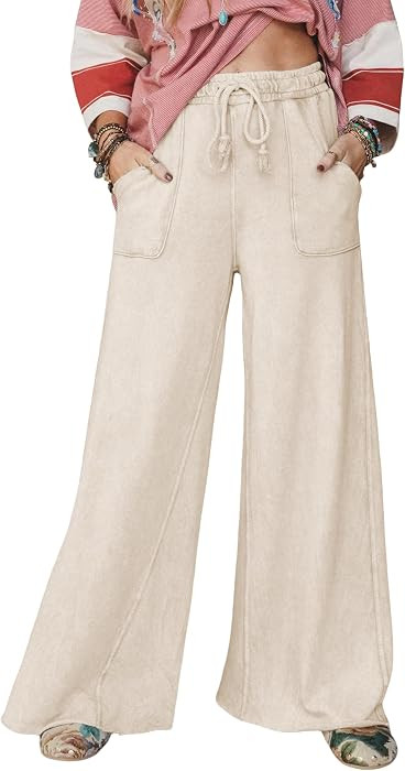 Wide Leg Pants for Women Acid Wash Palazzo Sweatpants Casual Drawstring Baggy Trousers with Pocke... | Amazon (US)