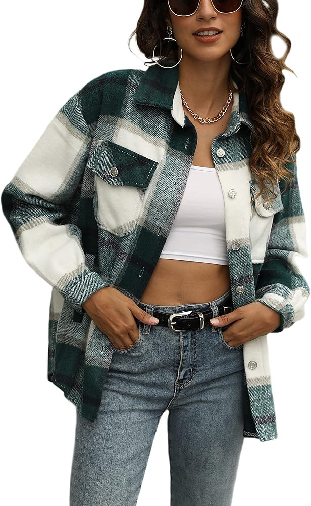 Yeokou Women's Vintage Plaid Flannel Brushed Wool Blend Button Down Shacket Shirts | Amazon (US)