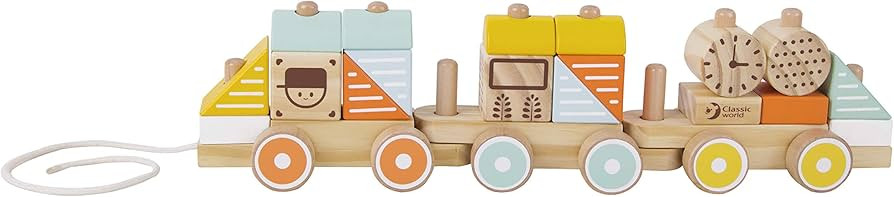 Classic World Wooden Pull Train -Wooden Train Toddler Toys,Shape Sorter and Stacking Wooden Block... | Amazon (US)