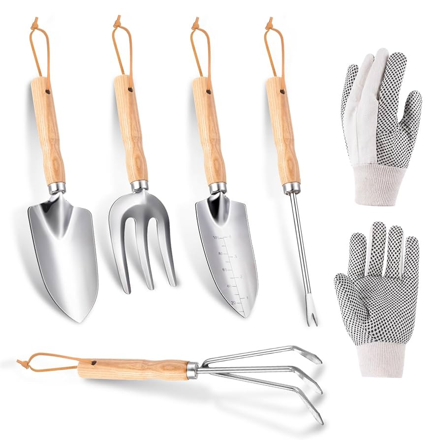 Garden Tools 5-Pieces, Heavy Duty Gardening Hand Tools with Wooden Handle, Canvas Gloves, Stainle... | Amazon (US)
