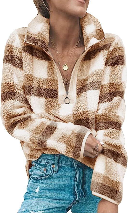 Angashion Women's Long Sleeve 1/4 Zip Up Lapel Fleece Sweatshirt Warm Plaid Fluffy Hoodies Pullov... | Amazon (US)