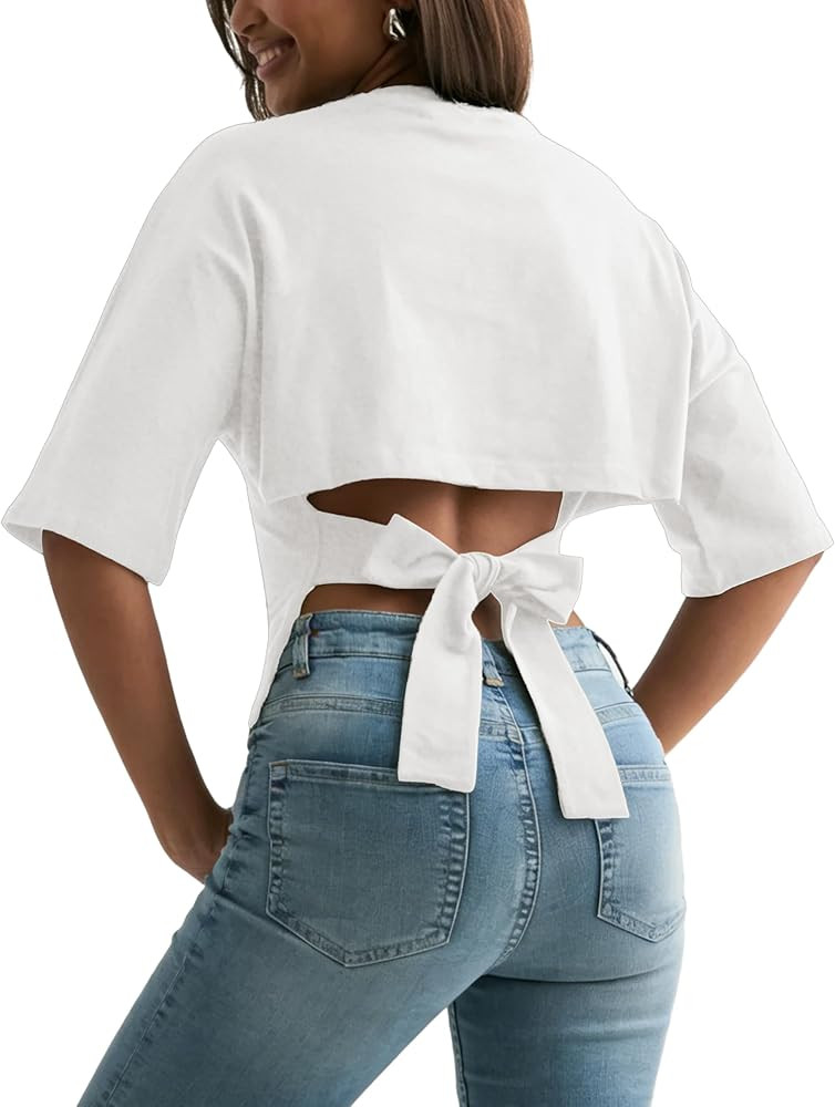 Women's Y2K Open Back Shirts Adjustable Tie Back Cinched Waist Crop Tops Half Sleeves Crew Neck P... | Amazon (US)