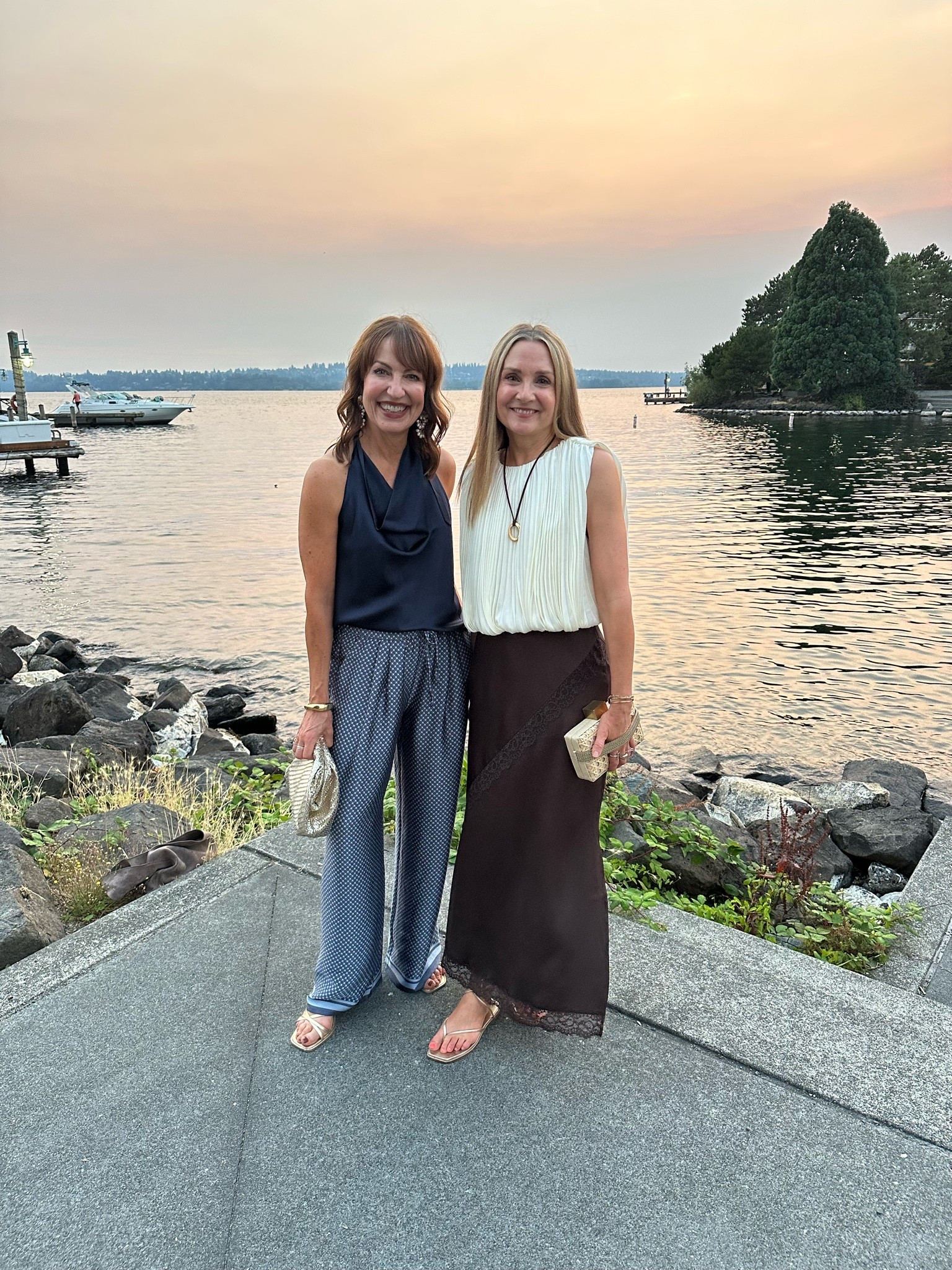 Date night outfits: @Splendid silky pattern pants and brown lace midi skirt were just the perfect thing for dinner out with our husbands!

#LTKOver40 #LTKootd #LTKTravel
