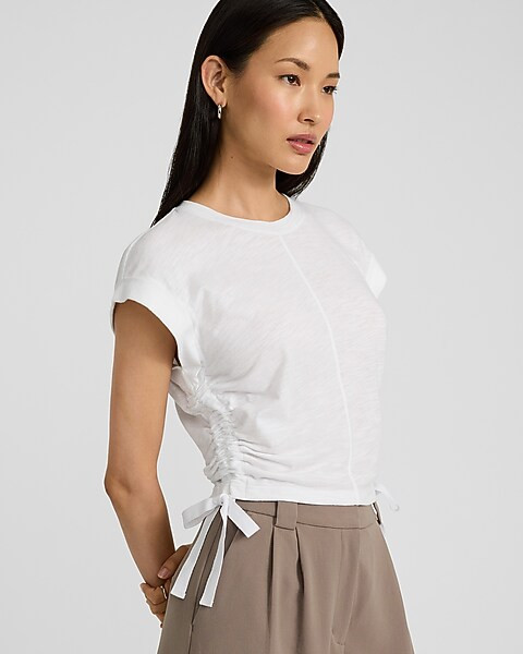 Crew Neck Short Sleeve Ruched Side Tie Tee | Express