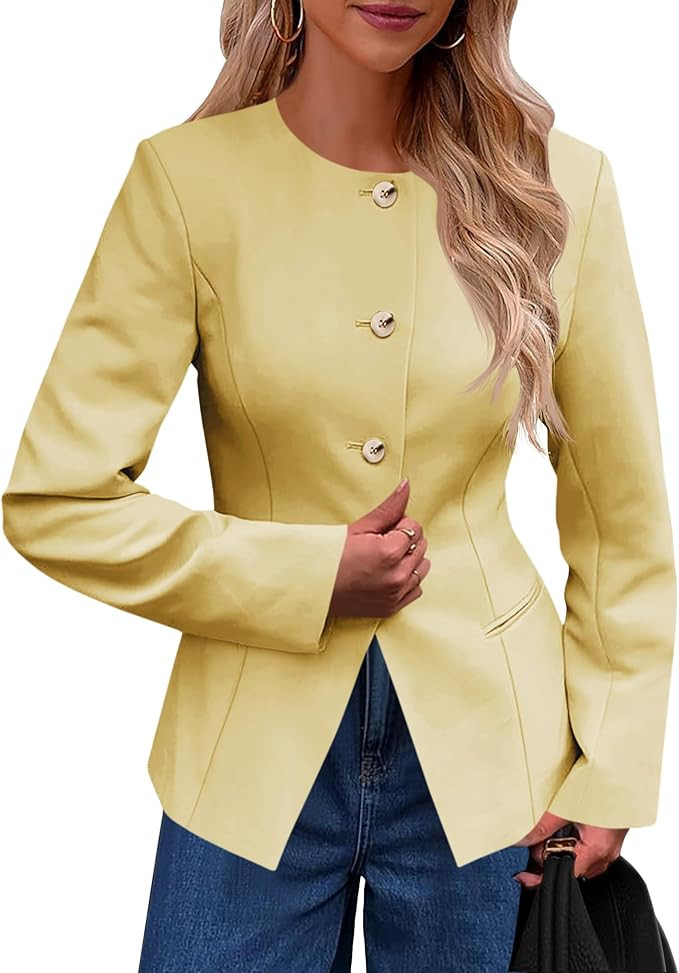 Cicy Bell Womens Business Casual Fitted Blazers Collarless Split Hem Work Office Button Down Suit... | Amazon (US)