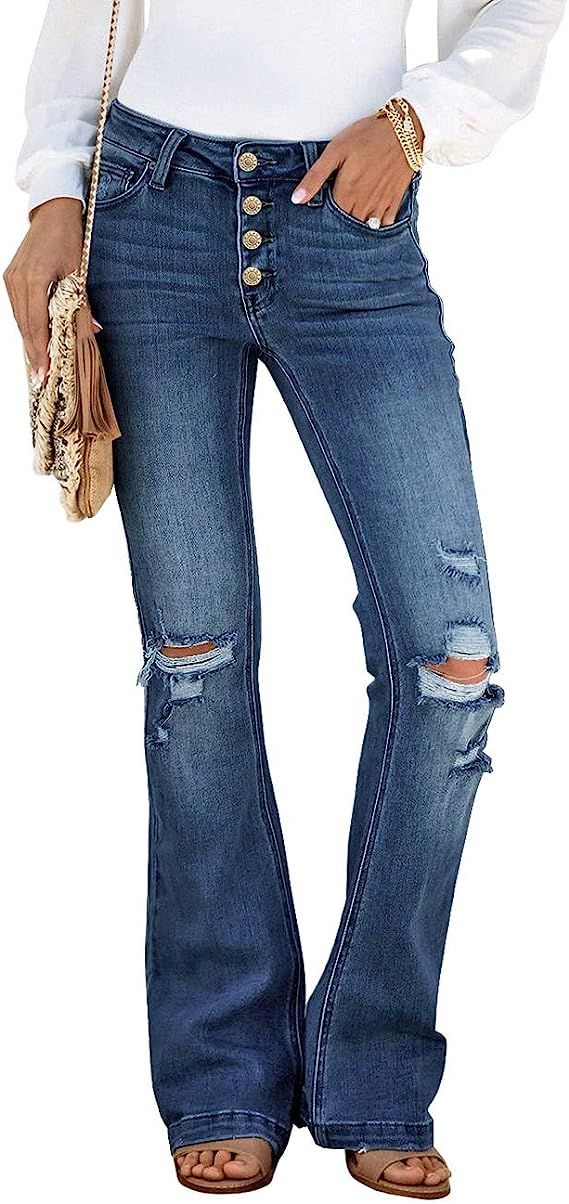 Utyful Women's High Waist Relaxed Fit Ripped Jeans Stretchy Flare Jeans Denim Pants | Amazon (US)