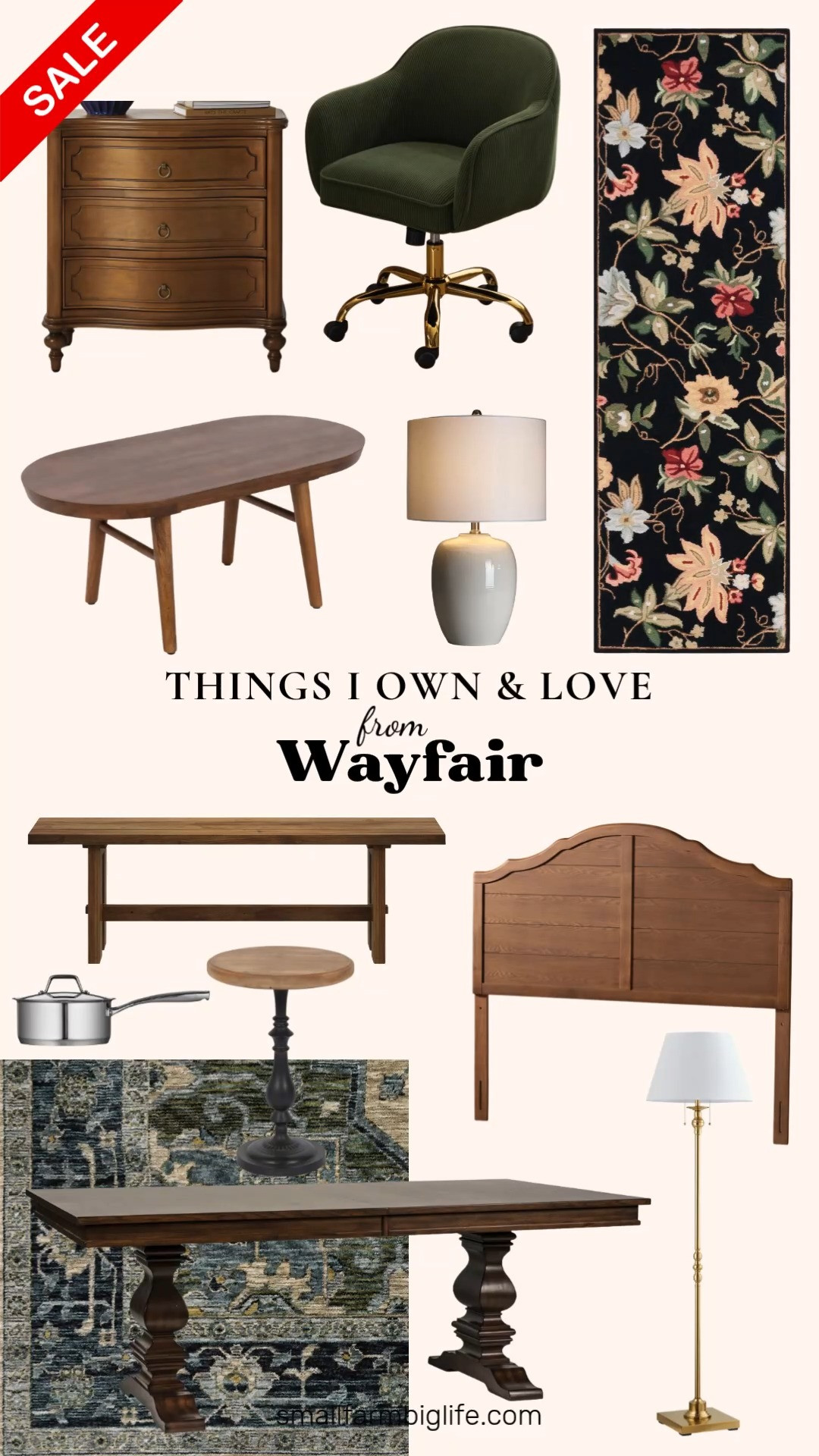 Everything I own and love from Wayfair is on sale right now, and I am linking it all for you.

The olive green corduroy and brass Dinorah Velvet Office Swivel Chair is one of my favorite pieces I have bought this year, paired with the Hollander Floral Handmade Looped Wool Black Area Rug for some texture underfoot. The walnut brown Berenike Oval Coffee Table with tapered legs has such a classic shape, and the seadrift Elfine 28 inch End Table with a built in charging station is as practical as it is pretty. I also love how the black and natural wood End Table mixes metal and wood tones so easily with other pieces.

The Barlow Trestle Dining Table with the removable leaf gives me so much flexibility, and the scalloped wood Critchfield Headboard is one of those pieces that instantly elevates a space. The ivory 3 way Ceramic Table Lamp and the antique gold Amiyra 61 inch Floor Lamp add warm, layered lighting throughout the house.

The 55 inch Solid Reclaimed Wood Bench gets used constantly, and the navy olive and beige Hovis Oriental Area Rug adds such a rich pop of color. And I cannot go without my Tramontina Gourmet Prima 3 quart Saucepan with Lid, it gets used almost every single day.

All of it is linked and on sale right now, so if any of these have caught your eye, now is the time.

#wayfair #homedecor #interiorstyle #falldecor #homefinds 

 #LTKHome #LTKSaleAlert