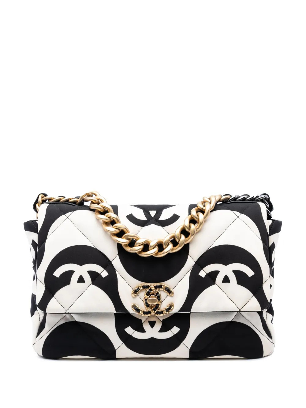CHANEL Pre-Owned 2021 Large Printed Silk 19 Flap satchel - Black | Farfetch Global