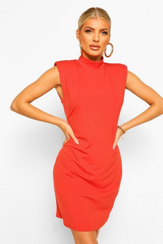 Rib Shoulder Pad High Neck Shift Dress | Boohoo.com (US & CA)
