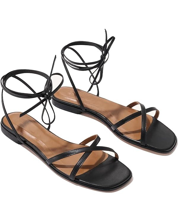 Strappy Flats Sandals for Women Summer Gladiator Lace Up Flat Sandals Open Square Toe Casual Beac... | Amazon (US)