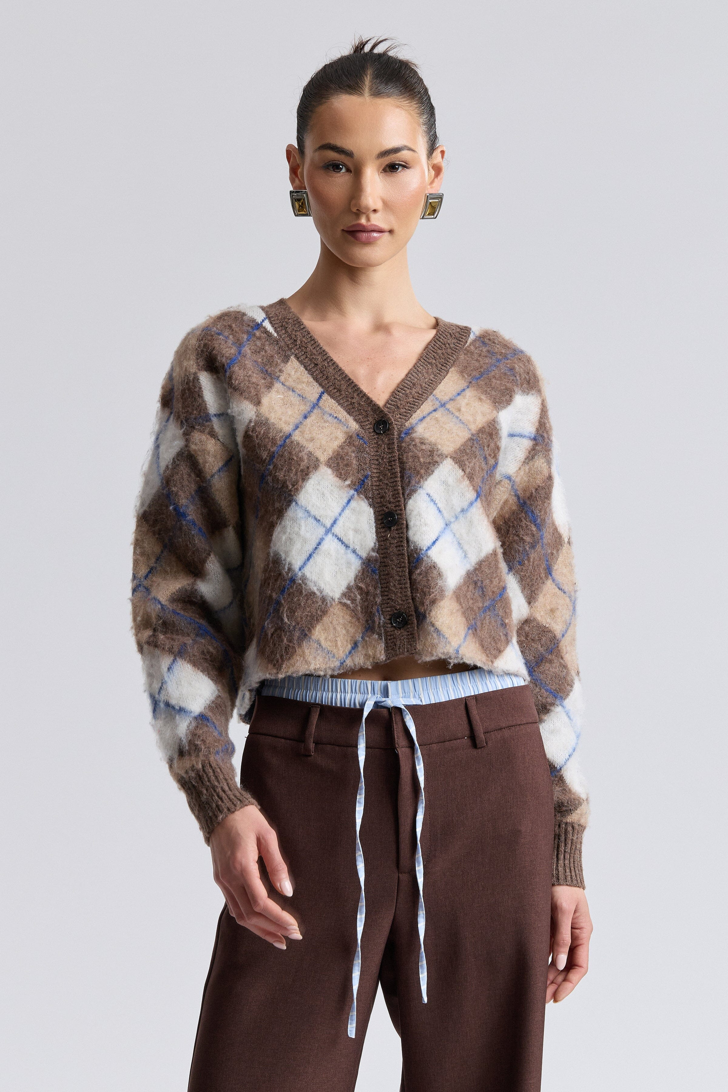 Brushed Argyle Jacquard Cropped Cardigan | Avec Les Filles