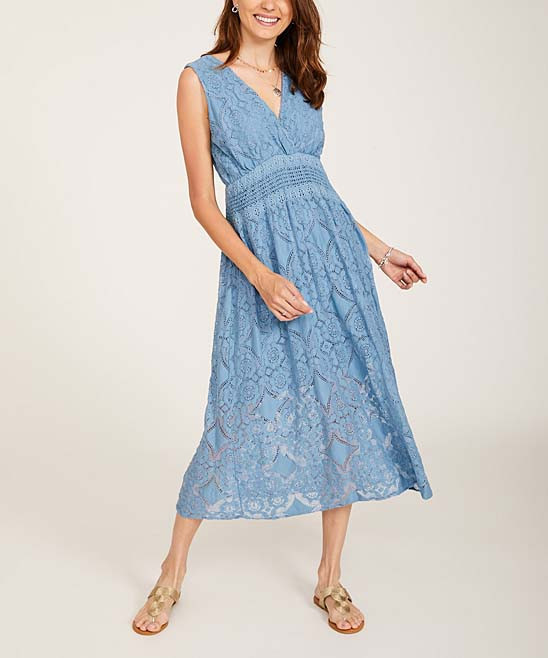 Ornella Paris Women's Casual Dresses - Blue Lace Surplice Dress - Women | Zulily