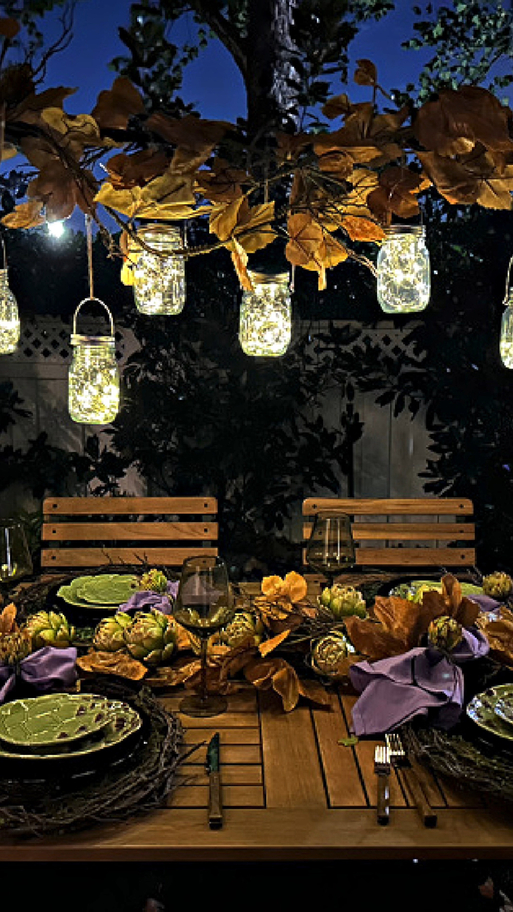 Autumn evenings just have a little extra magic. 🍂✨ Twinkling mason jar lights, layers of faux foliage, artichokes, and cozy table accents can transform an ordinary outdoor dinner into something unforgettable. I'm linking everything I used (or similar pieces) so you can recreate this warm, welcoming look at home. 

 #LTKSeasonal #LTKHome