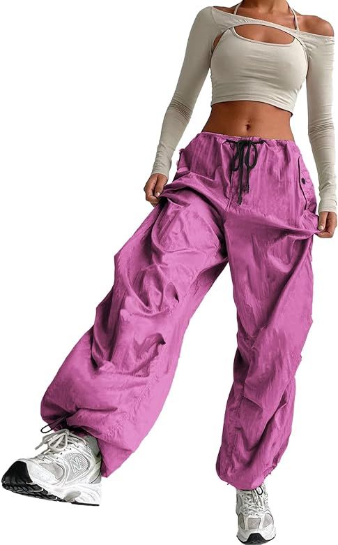 ONIRIKE Women's Parachute Pants Drawstring Elastic Waist Sweatpants Loose Baggy Y2K Cargo Pants T... | Amazon (US)