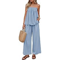 ZESICA Women's Summer 2 Piece Sets 2026 Spring Casual Strapless Tube Top Wide Leg Pants Ruffle Be... | Amazon (US)