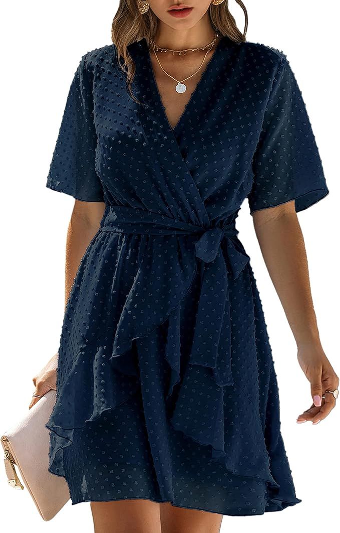 BTFBM Women Fashion Faux Wrap Swiss Dot V-Neck Short Sleeve High Waist A-Line Ruffle Hem Plain Be... | Amazon (US)