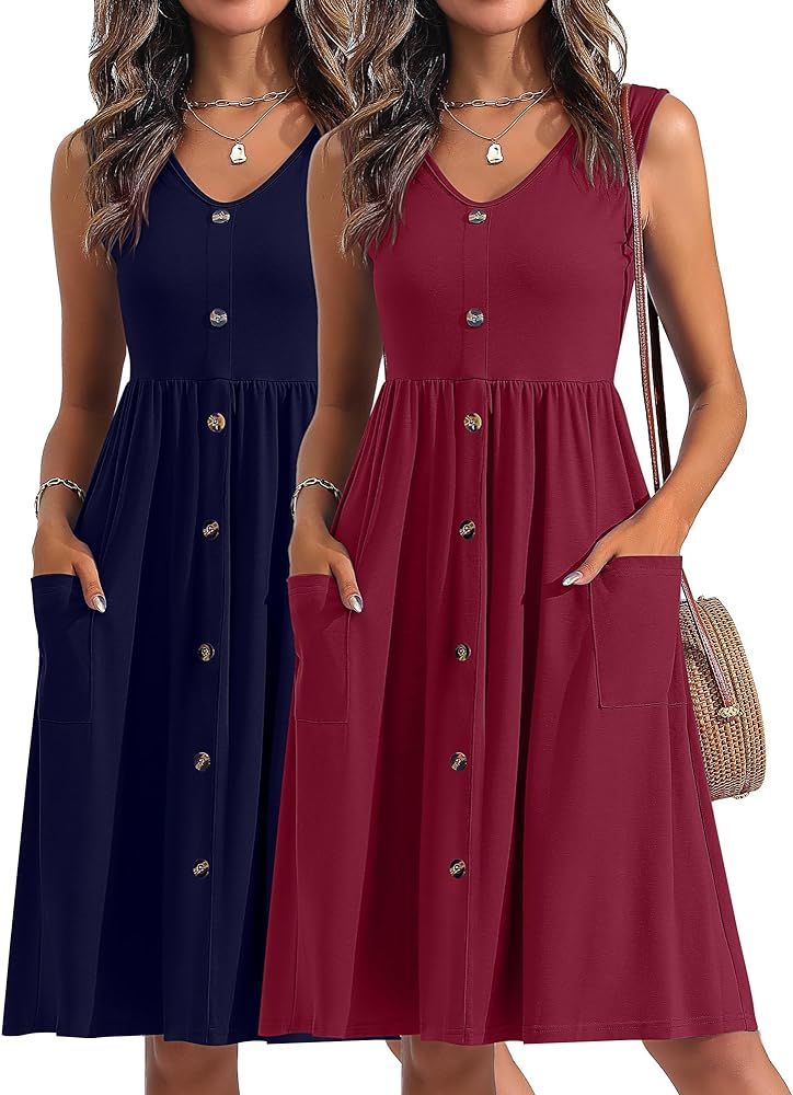 2 Pcs Women Summer Dresses Sleeveless Casual Loose Midi Dress Button Down Beach Swing Midi Sundre... | Amazon (US)