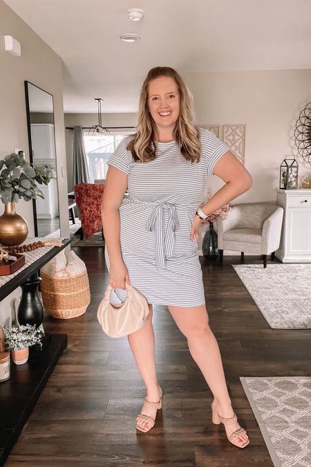 The best t-shirt dress on Amazon 🙌🏻 I’ve gotten so many compliments on this blue and white t shirt dress it’s insane. I’m also a huge fan of the neutral dumpling bag handbag and my neutral braided heels. Great occasion dress for weddings and showers  All Amazon! 

wedding guest dress / wedding guest outfit / neutral look / shirt dress / mini dress / cotton dress / spring dress / summer dress

#LTKunder50 #LTKcurves #LTKwedding
