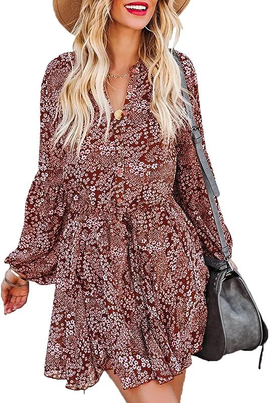 Anloli Womens Fall Summer Dress Button Down Ruffles Floral Print Lantern Long Sleeve Tie Waist Mini  | Amazon (US)