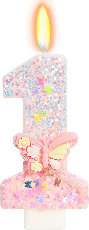 Pink Butterfly Number 1 Candle, Fairy First Birthday Decorations for Girls, Glitter One Cake Topp... | Amazon (US)