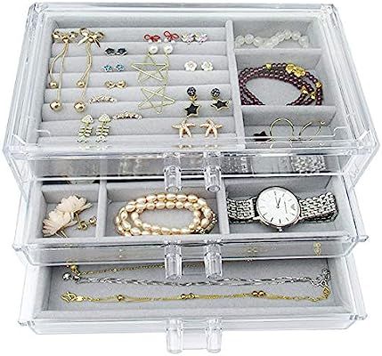 Acrylic Jewelry Box 3 Drawers, Velvet Jewellery Organizer, Earring Rings Necklaces Bracelets Disp... | Amazon (US)