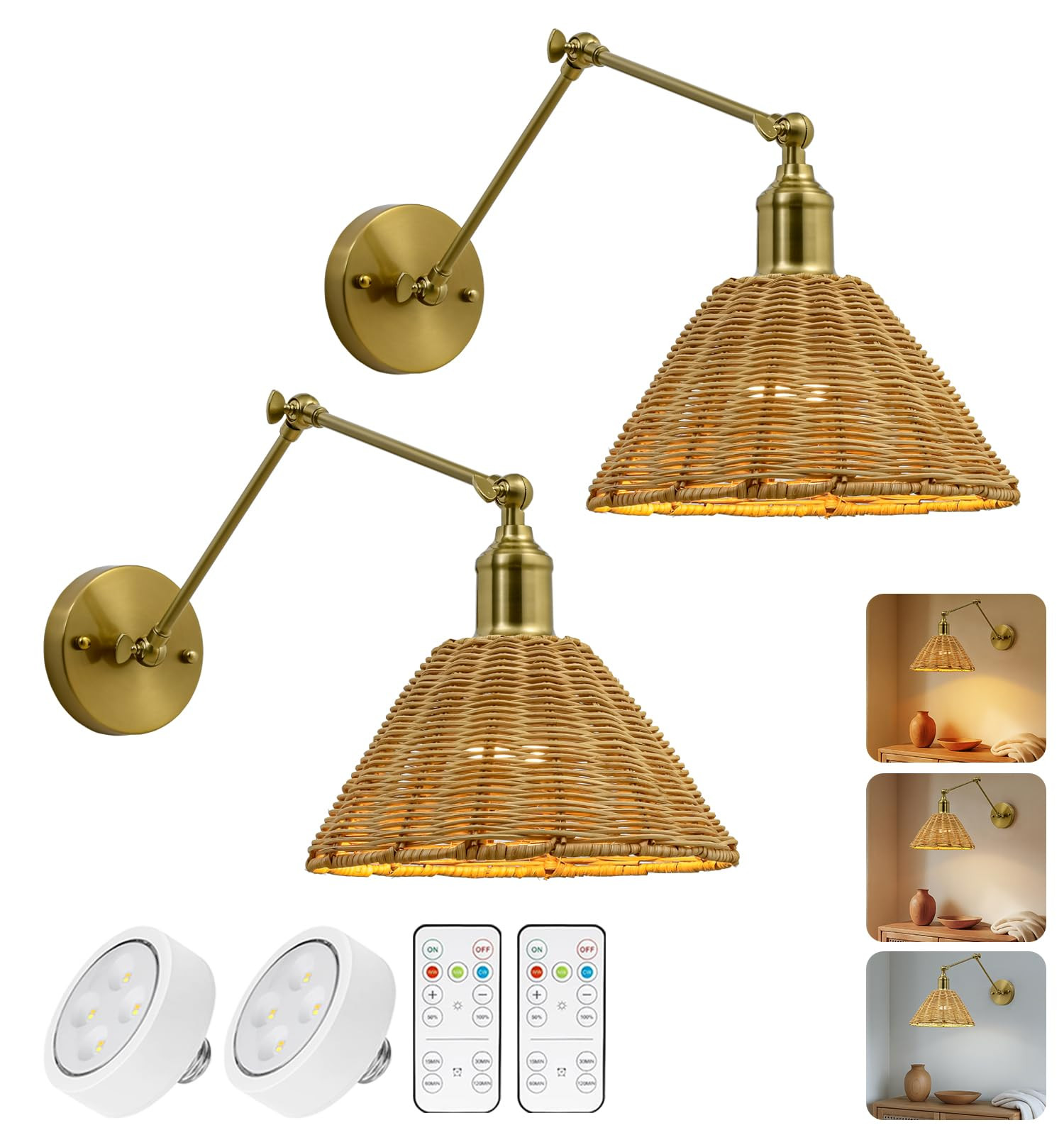 Battery Operated Wall Sconce 2 Pack, Gold Simple Rattan Wall Sconce, Adjustable Brightness, Modern Furniture Decorative Lighting for Kitchen Island, Living Room, Bedroom | Amazon (US)