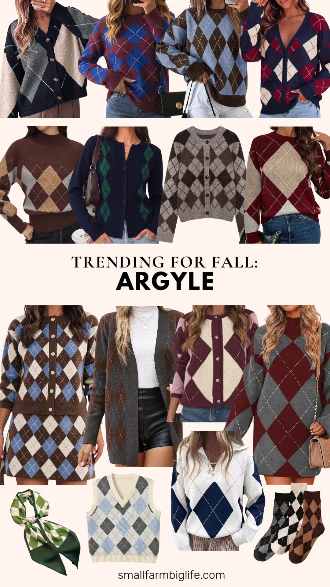 Argyle is everywhere this fall, and this preppy print is such an easy way to add personality to autumn outfits.

The navy wine red and cream PRETTYGARDEN Argyle Cardigan has such a cozy, chunky knit feel, and I love the Pink Queen Colorblock Argyle Pullover in burgundy and royal blue for business casual workwear. The Cicy Bell Plaid Color Block Cardigan and the heathered light brown Preppy Cardigan both have that classic grandpa sweater feel, and the GRACE KARIN Argyle Cardigan is perfect for a cozy teacher outfit or office day.

For pullovers, the baby blue and brown Tankaneo Oversized Sweater and the brown tan and grey CIDER Mock Neck Sweater both have such a fun diamond pattern, and the SHEWIN Dropped Shoulder Sweater is a lightweight option that works for both fall and spring. The Fisoew Quarter Zip Sweater brings a sportier, street style twist to the trend.

If you want to go all in, the Tankaneo Argyle Sweater Skirt Set is such a cute matching option for travel or daily wear, and the Wenrine Argyle Sweater Dress turns the print into an easy chunky knit dress. Rounding things out, the LOMON Lightweight Cardigan and the Saodimallsu Color Block Cardigan are both great layering pieces, and the OYOANGLE Argyle Crew Socks, the Y2K Sweater Vest, and the silky argyle neck scarf are fun ways to work the print into smaller accents.

So many ways to wear argyle this fall, all linked for you.

#argyle #fallfashion #falloutfits #autumnoutfits #businesscasual 

 #LTKootd #LTKOver40 #LTKWorkwear