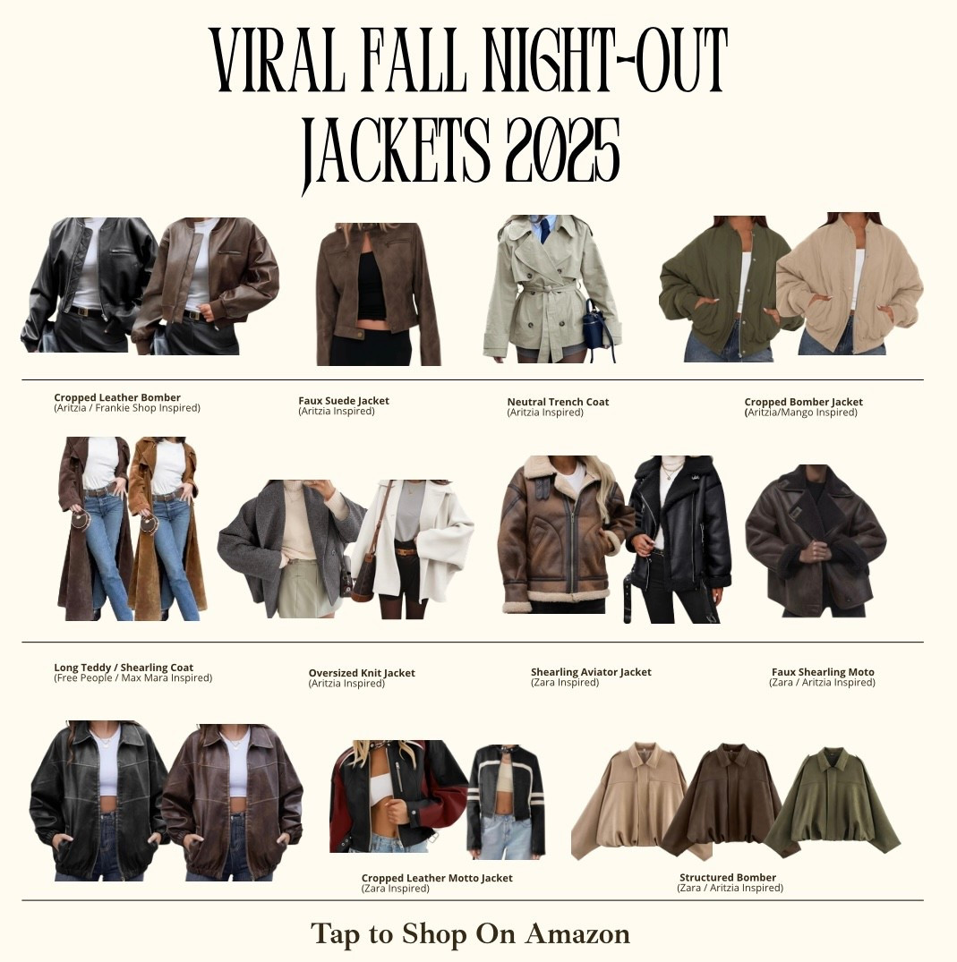 Amazon Viral fall night-out jackets 2025 🍂
Cropped bombers, leather motos, and oversized blazers that give “I just threw this on” energy – all Aritzia, Zara, Mango, Free People & Frankie-inspired. Perfect layered over a mini dress, bodysuit + jeans, or matching set for your next girls’ night, date night, or city weekend.

viral fall jacket 2025 · going out jacket · night out jackets · aritzia jacket dupe · zara jacket outfit · mango fall jacket · free people jacket · frankie shop inspired blazer · leather moto jacket · cropped bomber jacket · oversized blazer outfit · fall going out outfit · trendy fall fashion 2025 · fall capsule wardrobe · neutral fall jacket

#LTKFindsUnder50 #LTKootd #LTKSeasonal