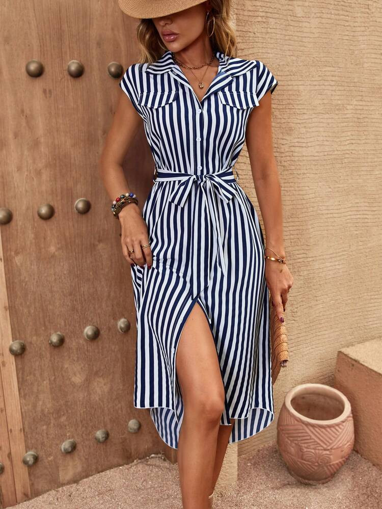 SHEIN LUNE Striped Print Belted Shirt Dress | SHEIN