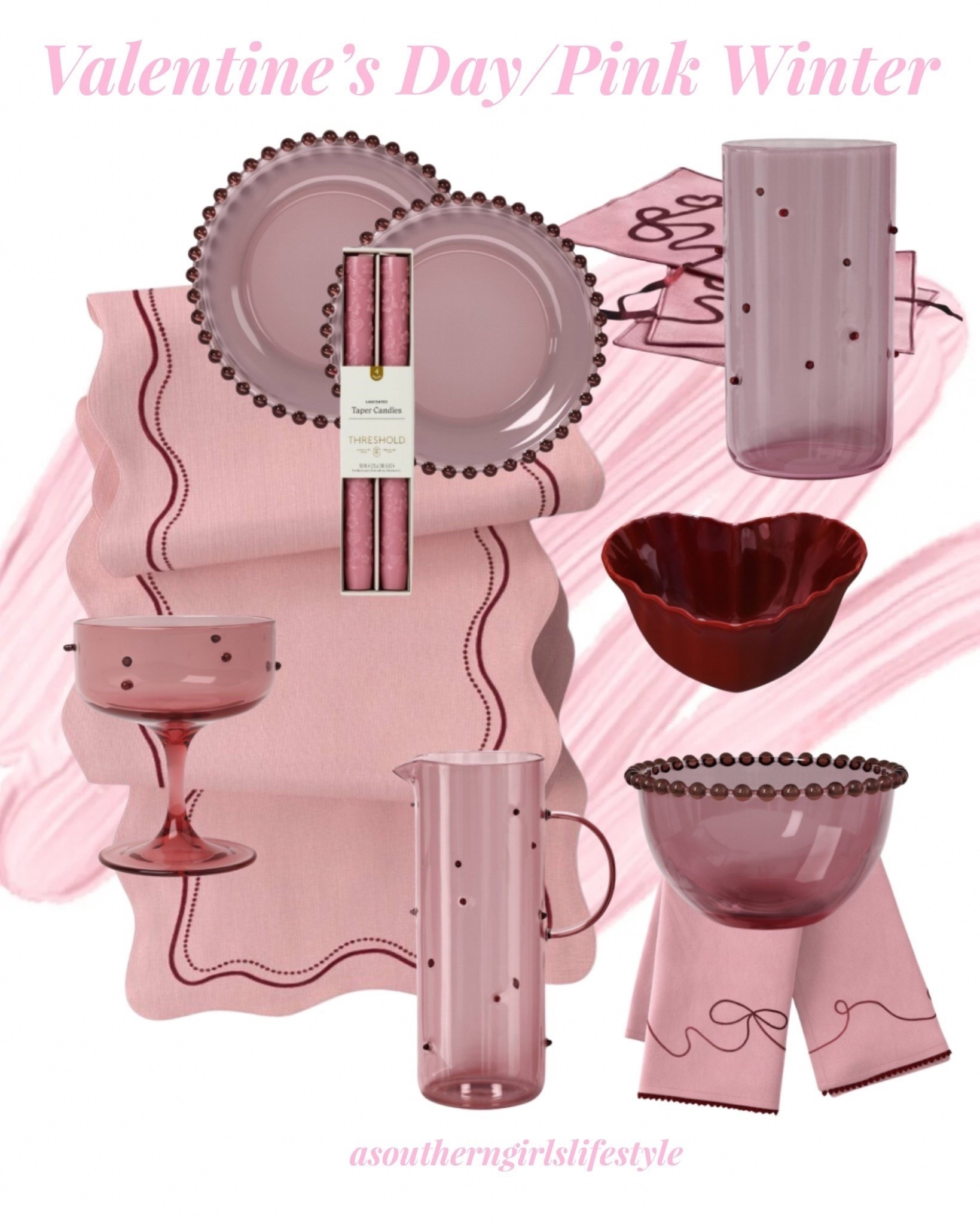 Beautiful New Valentine’s Day Linens & Dishes - also a pretty Pink Winter Table

Pink Embroidered Scallop Table Runner, 2 Pack Pink Glass Beaded Appetizer Plates, Pink Taper Candle Set Rose, Glass Vase, 4pk Bow Cocktail Napkins, Stoneware Heart Dip Bow, Glass Nut Snack Bowl Pink, 2 Pack Pink Bow Heart Tea Towels, Glass Pitcher Pink with Red Dots & Coupe Glass Pink with Red Dots

Home Decor. Valentine’s Day Decor. Tablescape. Pink Home. Valentines Day Decor

#LTKHome #LTKSeasonal #LTKFindsUnder50