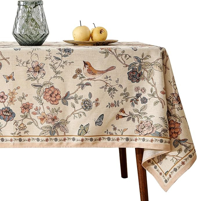 ISAENNE Designer French Light Beige Small Square Tablecloth,Linen Florals and Birds Pattern Table... | Amazon (US)