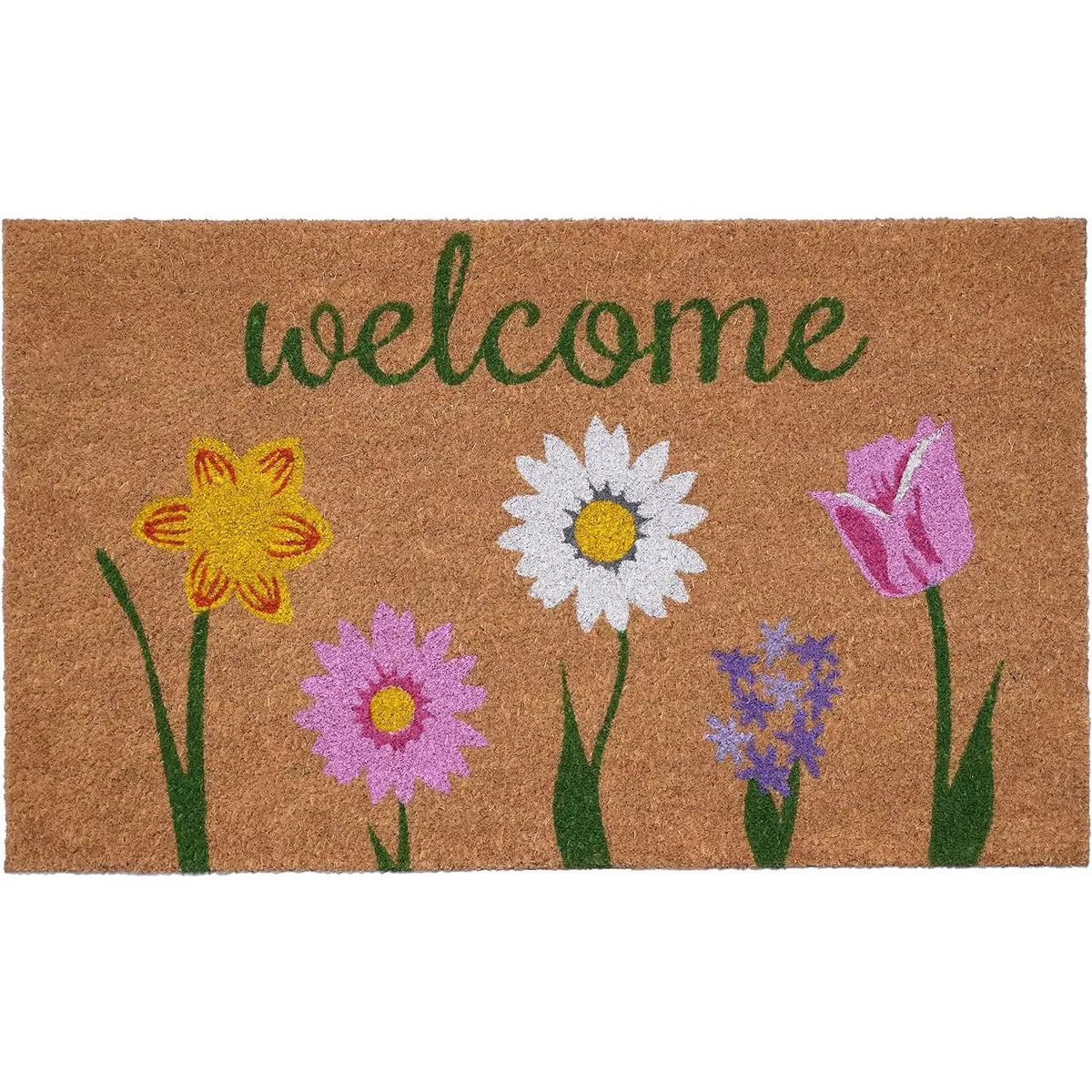HomeRoots 17" X 29" Natural Pink and Green Coir Floral Welcome Outdoor Door Mat | Target