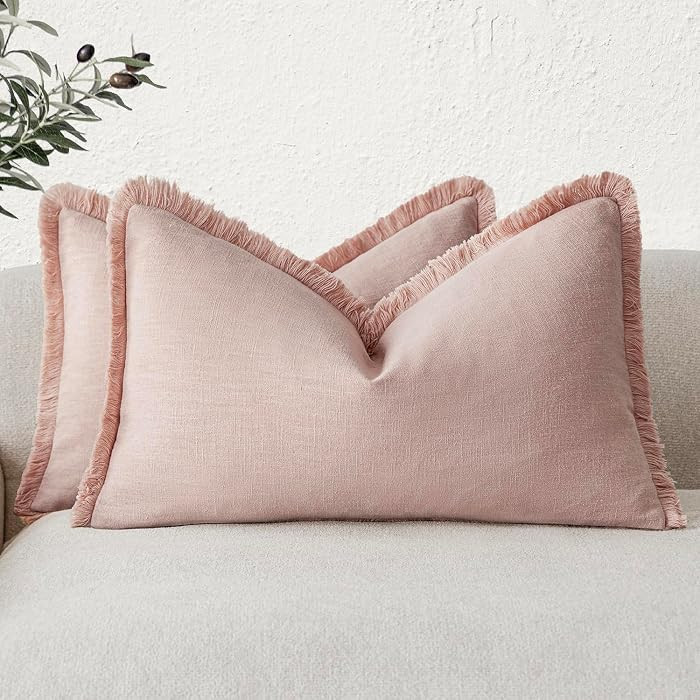 Foindtower Set of 2 Decorative Linen Fringe Lumbar Throw Pillow Covers Boho Farmhouse Cushion Cover with Tassels Soft Accent Pillowcase for Couch Sofa Bed Living Room Home Decor,12×20 Inch,Light Pink | Amazon (US)
