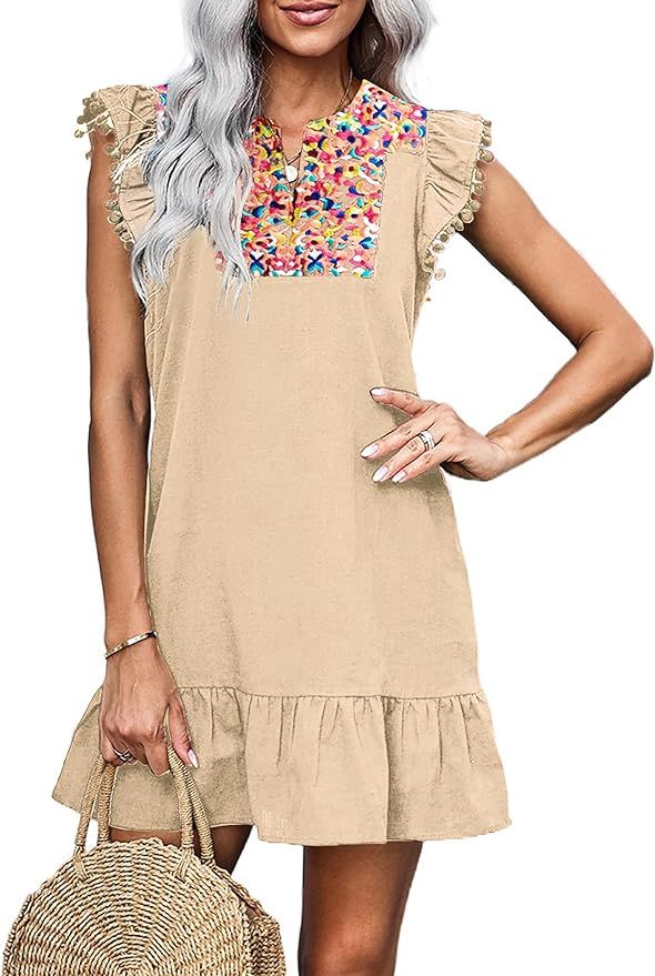 KIRUNDO Women's Summer Mini Dress Casual V Neck Floral Embroidery Ruffle Sleeveless Shift Dress F... | Amazon (US)