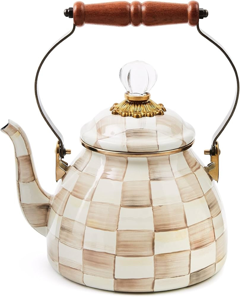 MACKENZIE-CHILDS Enamel Tea Kettle, Stylish Tea Kettle for Stovetop, Brown-and-White Mocha Check,... | Amazon (US)